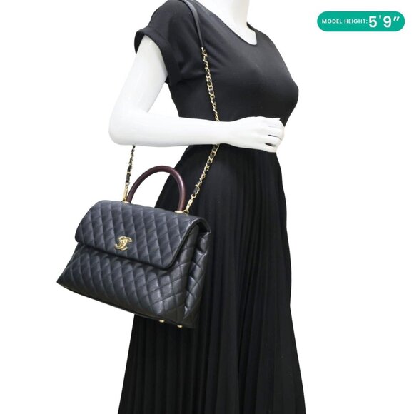 Chanel  Coco Large Quilted Caviar Lizard Handle Shoulder Bag Black - Picture 2 of 13